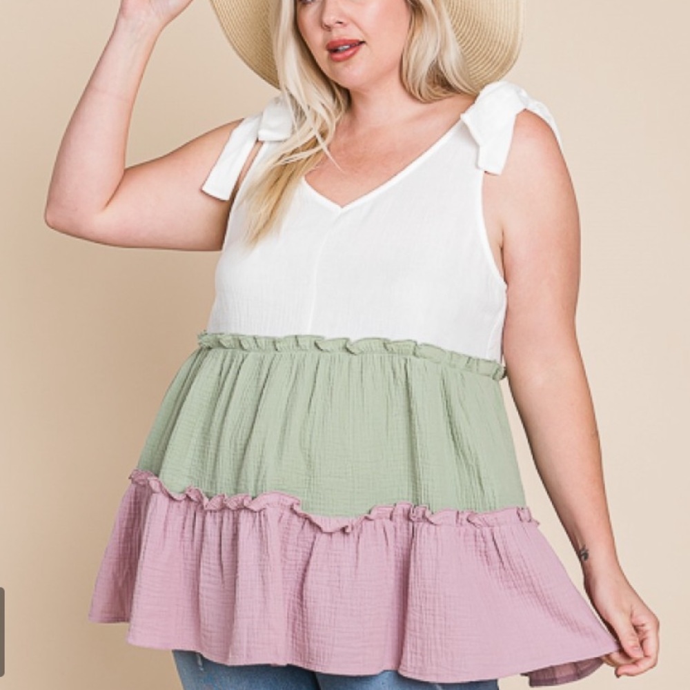Pastel Ruffle Tiered Color Block Sage Lavender V Neck Babydoll Bow Strap Top